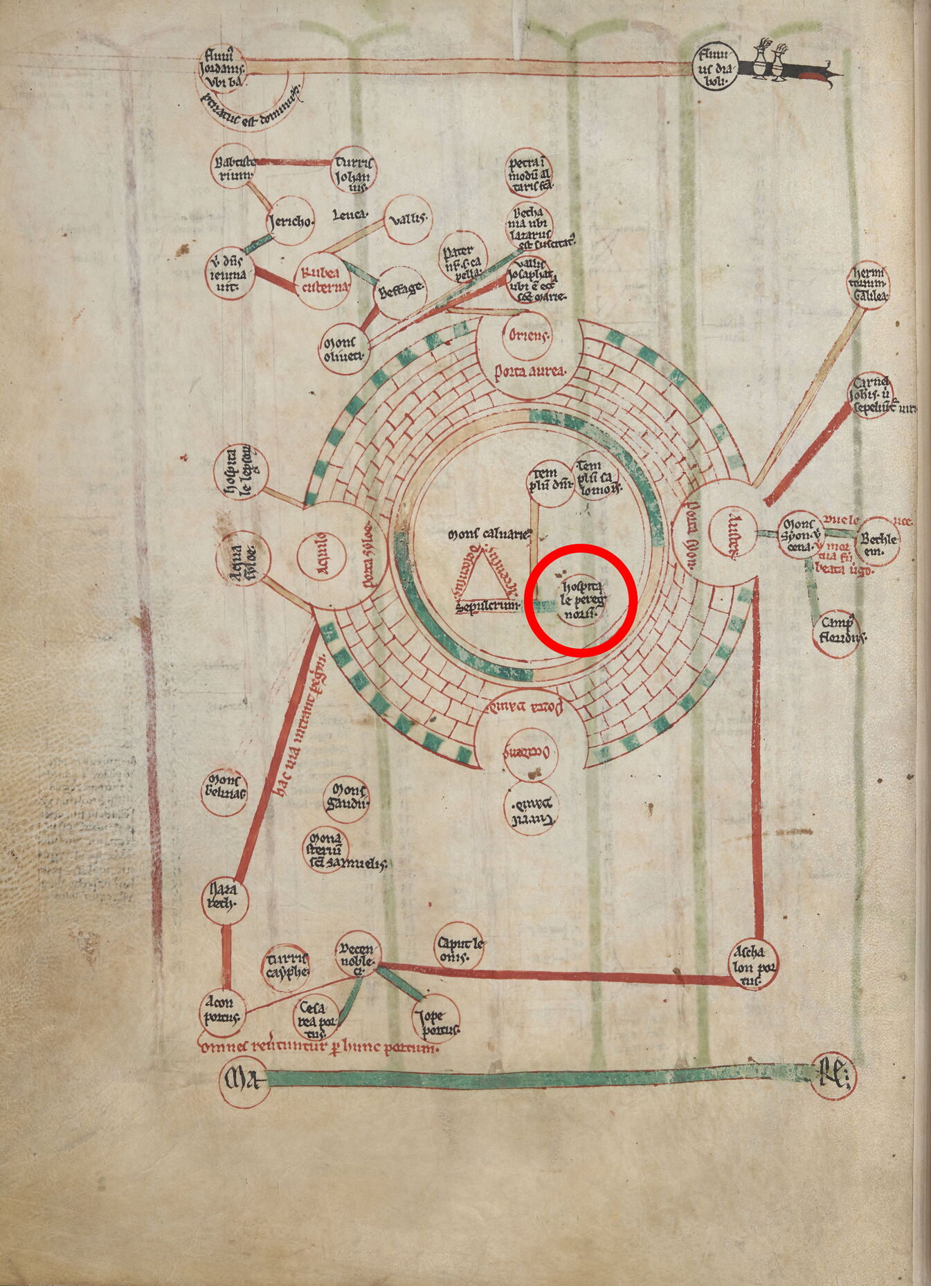 Zeitgenössische Karte Jerusalems mit dem Hospital, um 1200 | London, British Library, Ms. Harley 658, fol. 39v | © Bild: Wikimedia Commons / gemeinfrei